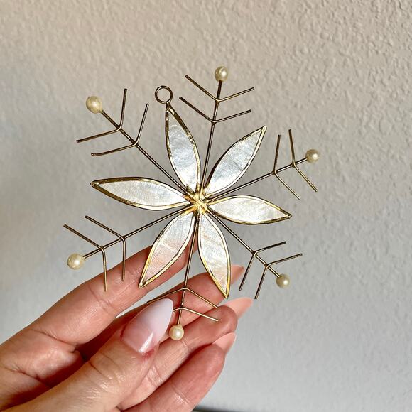 Vintage Christmas Mother-of-Pearl Gold-Tone Snowflake Holiday Ornament - Picture 1 of 15